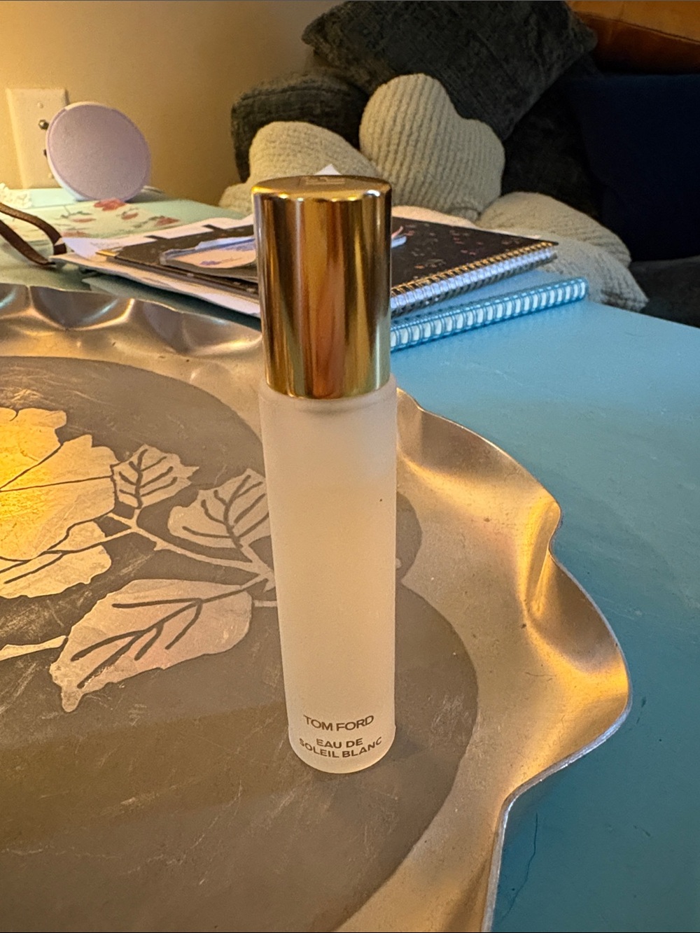 Tom Ford Soleil Blanc travel spray — Frosted White Bottle with Gold Cap